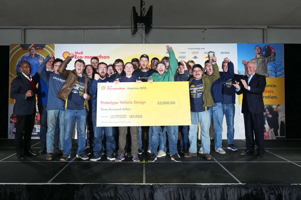 A winning team at the awards ceremony during day five of Shell Eco-marathon Americas 2025 at Indianapolis Motor Speedway, Indianapolis, US, on April 6, 2025. 