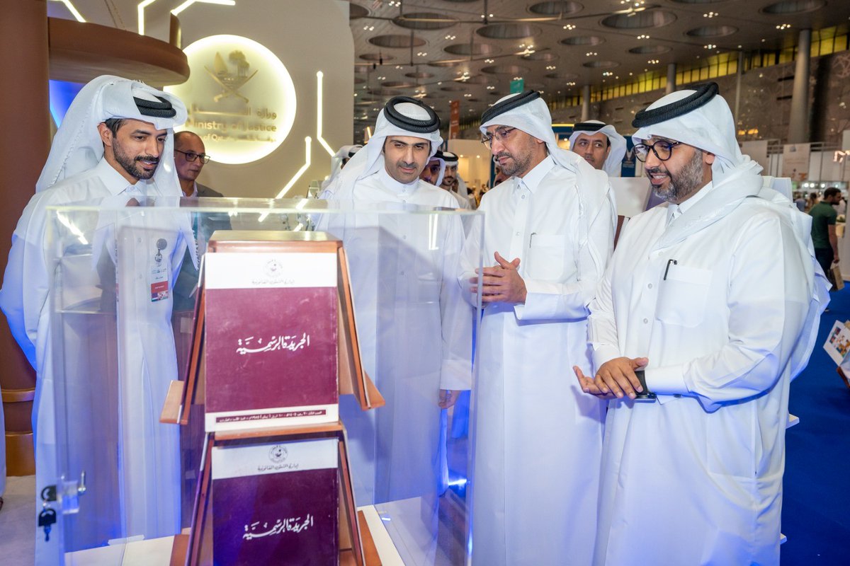 Minister of Culture H E Sheikh Abdulrahman bin Hamad Al Thani and Minister of Justice and Minister of State for Cabinet Affairs H E Ibrahim bin Ali Al Mohannadi touring the Doha International Book Fair yesterday, which is being held under the theme ‘From Engraving to Writing.’