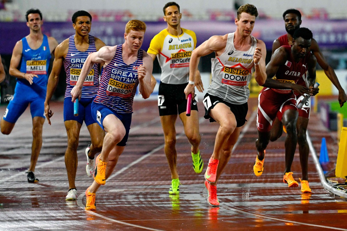 From left: Britain's Rio Mitcham with compatriot Charles Dobson, Belgium’s Dylan Borlee with compatriot Alexander Doom and Qatar’s Ammar Ismail Yahia Ibrahim with compatriot Ashraf Hussen Osman compete in the race. AFP