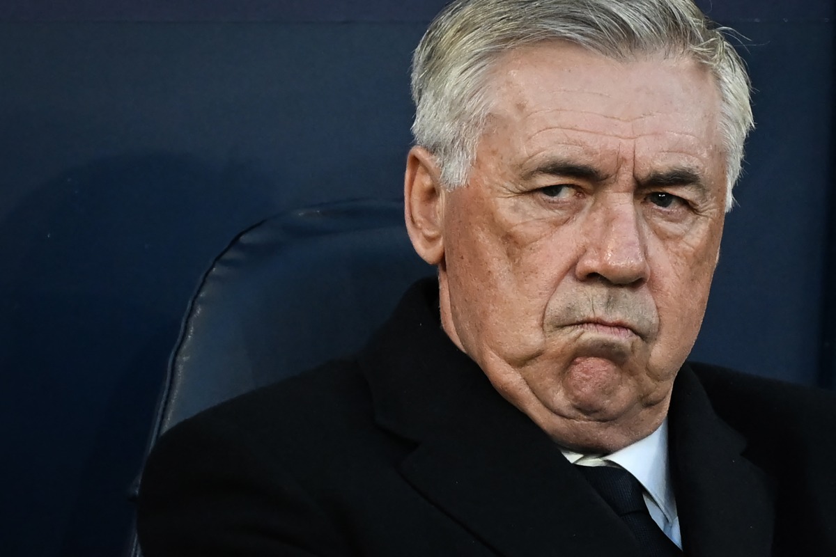 (FILES) Real Madrid's Italian coach Carlo Ancelotti reacts during the UEFA Champions League quarter-final second-leg football match between Manchester City and Real Madrid, at the Etihad Stadium, in Manchester, north-west England, on April 17, 2024(Photo by Paul ELLIS / AFP)