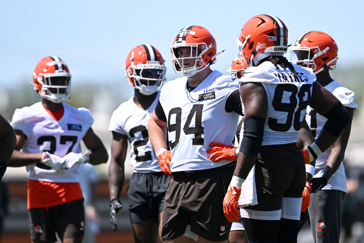 Mason Graham #94 of the Cleveland Browns looks on during rookie minicamp at CrossCountry Mortgage Campus on May 10, 2025 in Berea, Ohio. (Photo by Nick Cammett / GETTY IMAGES NORTH AMERICA / Getty Images via AFP)