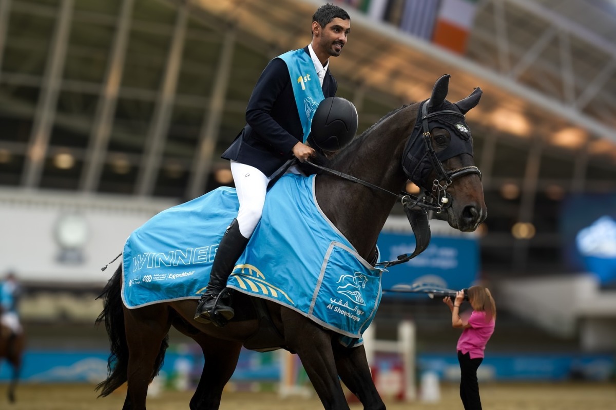 Hussain Saeed Haidan celebrates after winning the Al Shaqab Champions (130cm) CSI1* class. 