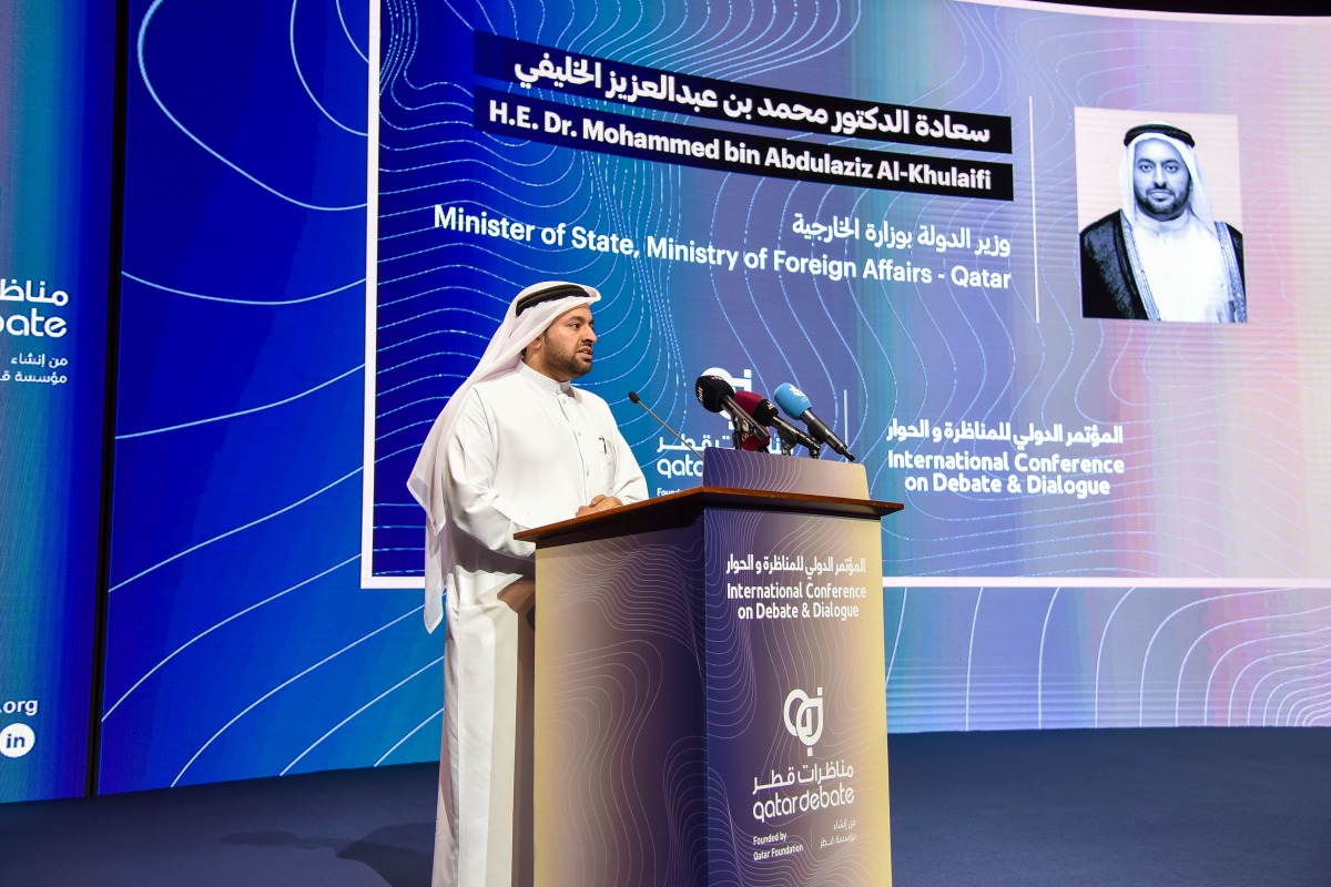 Minister of State at the Ministry of Foreign Affairs H E Dr. Mohammed bin Abdulaziz bin Saleh Al-Khulaifi speaking during the conference.