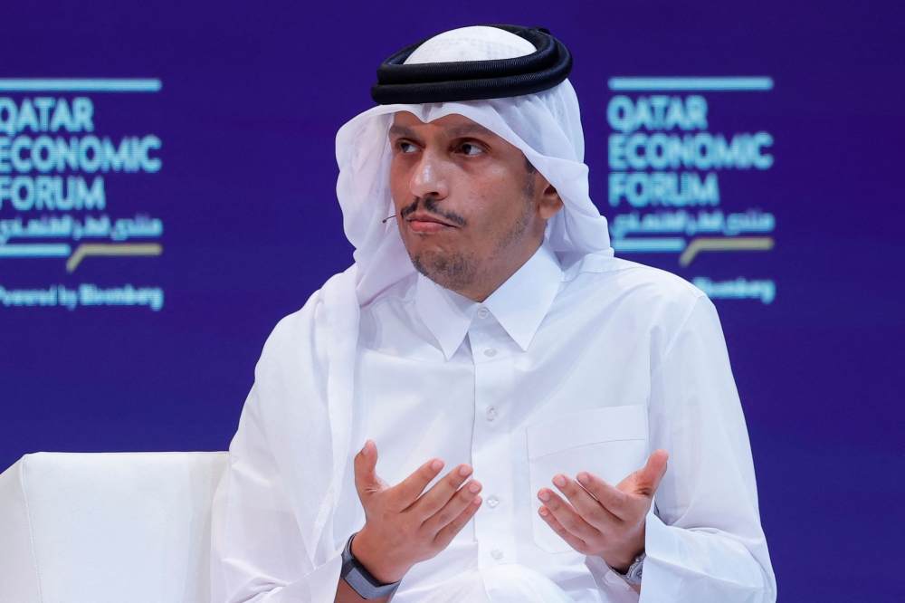 Prime Minister HE Sheikh Mohammed bin Abdulrahman Al-Thani speaks at the Qatar Economic Forum in Doha on May 20, 2025. (Photo by Karim Jaafar / AFP)
