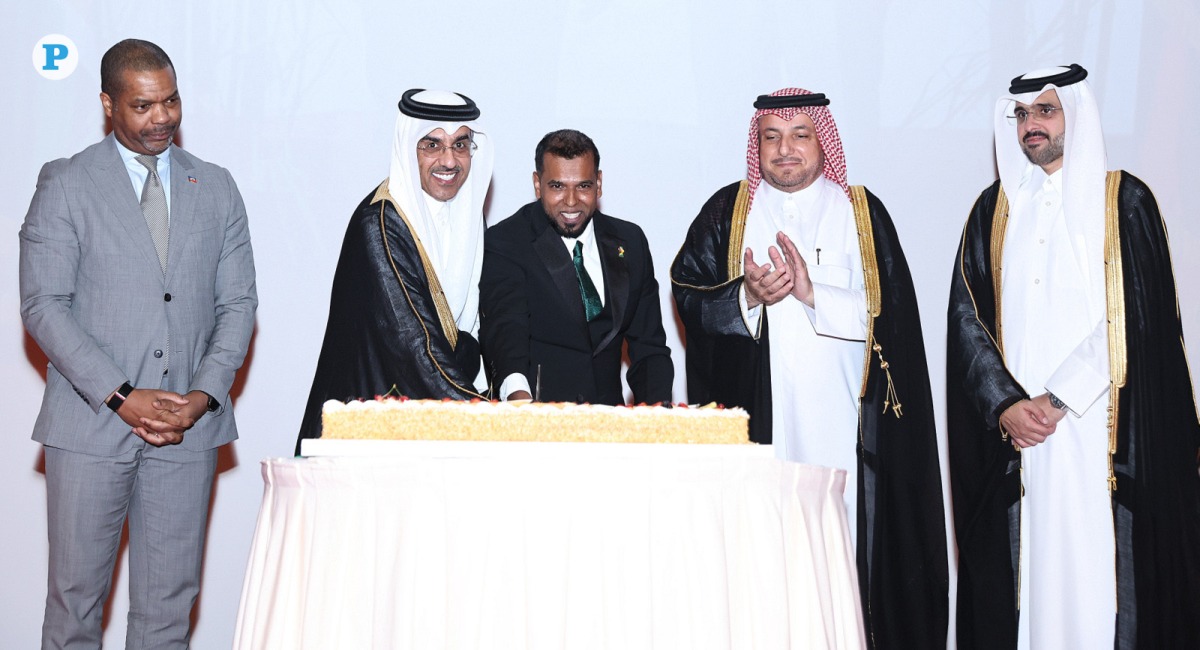 Minister of Labour H E Dr. Ali bin Saeed bin Smaikh Al Marri (second left); Ambassador of Guyana to Qatar, H E Safraaz Ahmad Shadood (centre); Director of the Protocol Department, MoFA, H E Ambassador Ibrahim Yousif Abdullah Fakhro; and Director of the Americas Department, MoFA, H E Jassim Al Asmakh at the event in Doha yesterday. Pic: Rajan Vadakkemuriyil/The Peninsula 