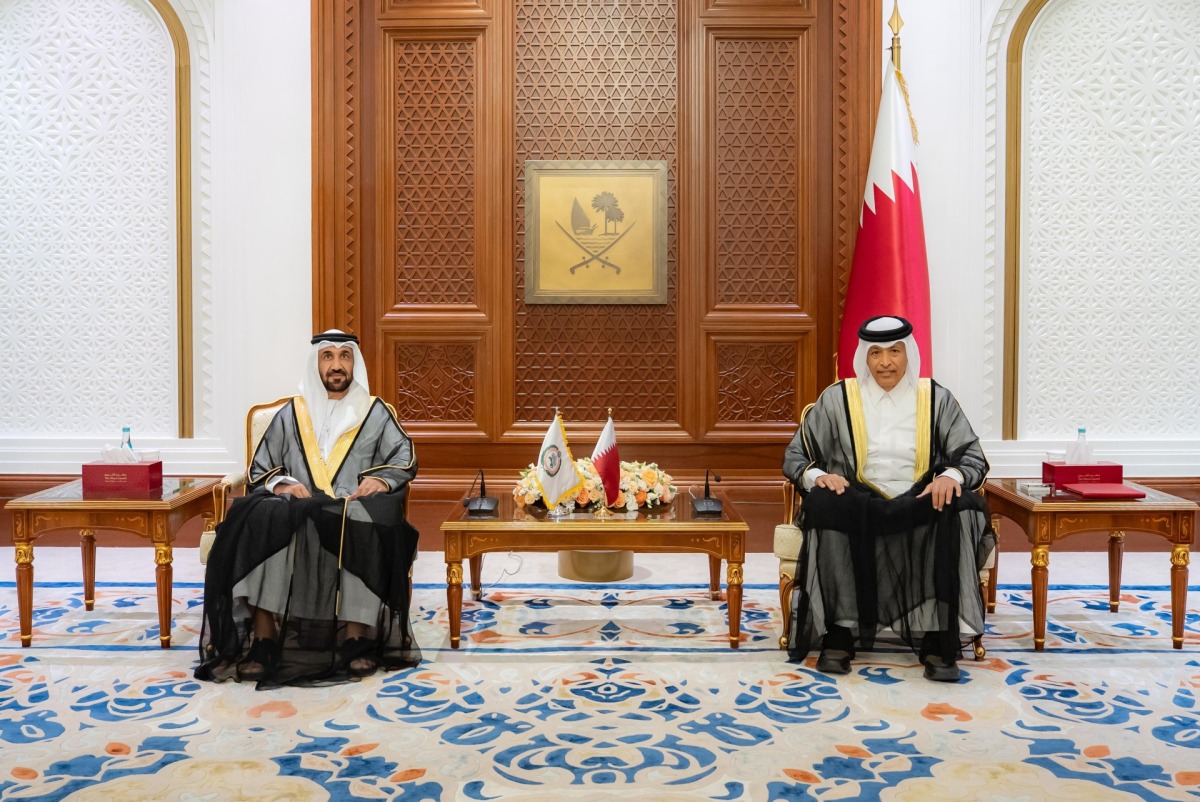 Shura Council Speaker H E Hassan bin Abdullah Al Ghanim (right) with President of the Arab Parliament H E Mohamed Ahmed Al Yammahi in Doha yesterday.