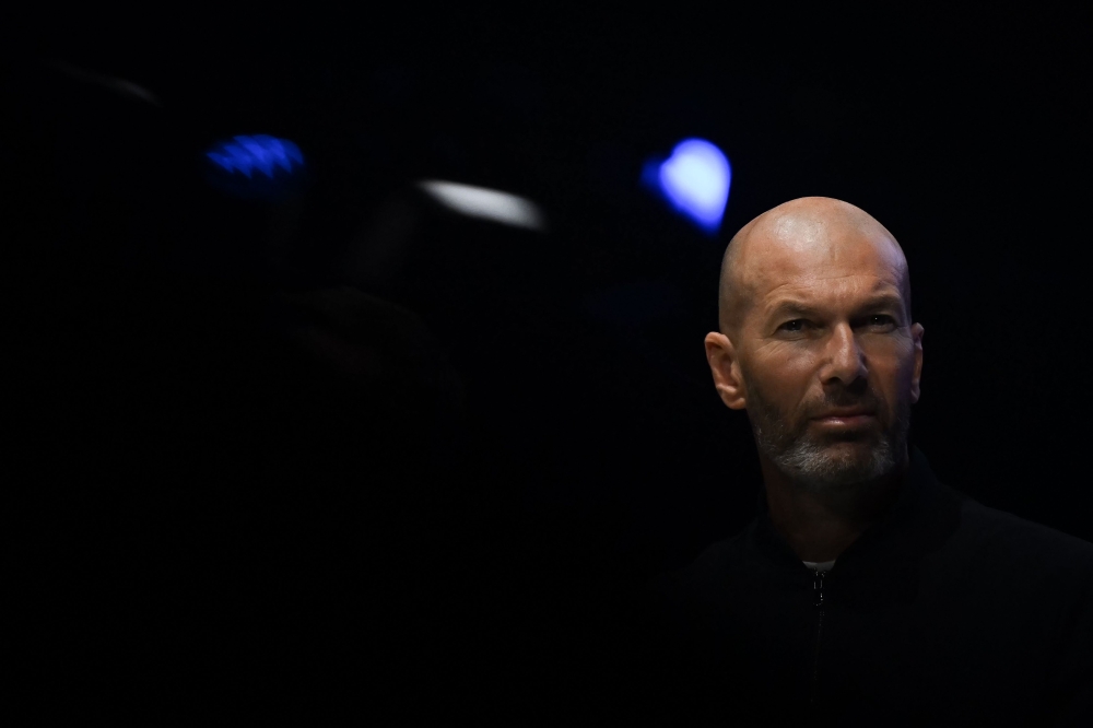 French football legend and coach Zinedine Zidane is seen during the ceremony marking the World premiere of the Alpine A390 electric car, in Dieppe, northwestern France, on May 27, 2025. (Photo by Lou Benoist / AFP)