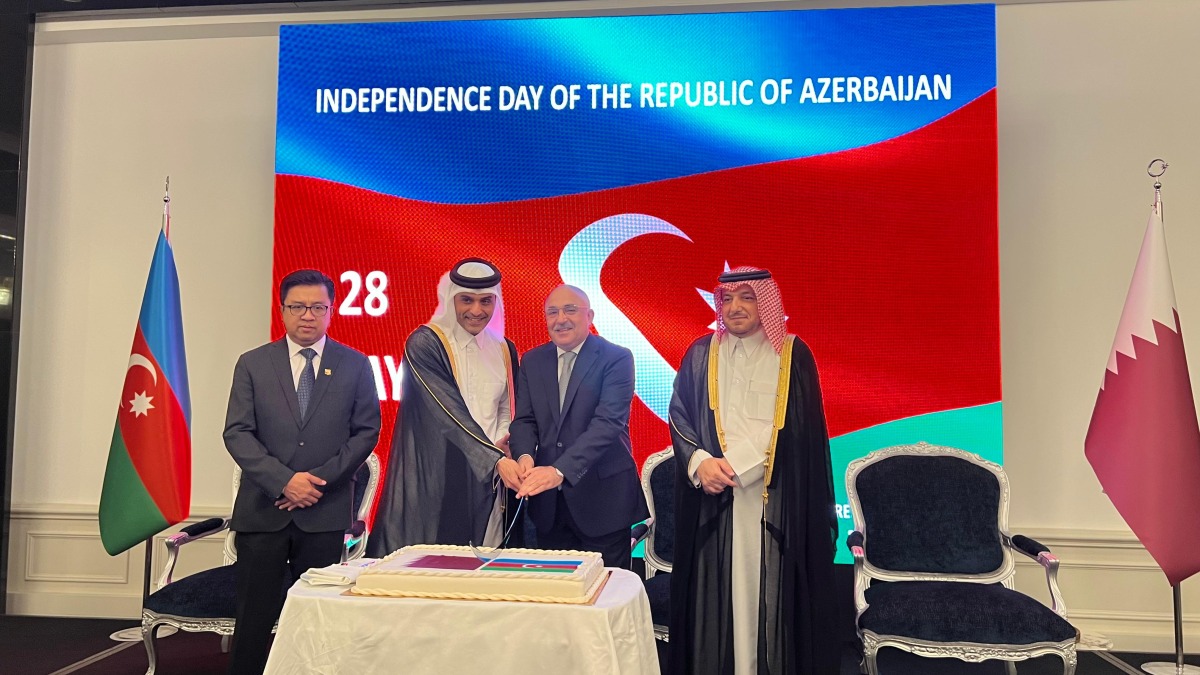 Minister of Transport H E Sheikh Mohammed bin Abdulla bin Mohammed Al Thani, Ambassador of Azerbaijan to Qatar H E Adish Mammadov, and others at Azerbaijan Independence Day celebrations.