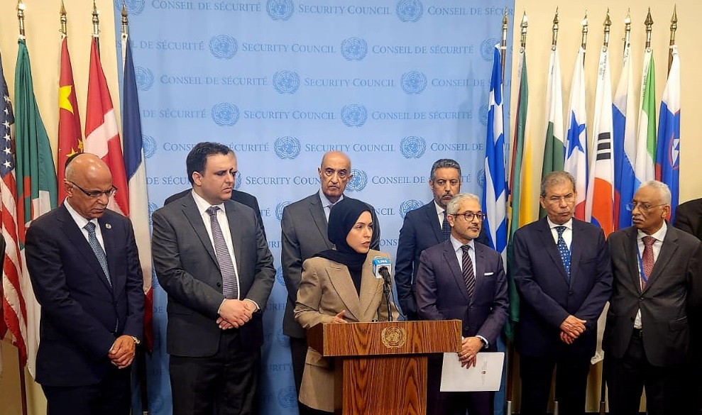 Permanent Representative of Qatar H E Sheikha Alya Ahmed bin Saif Al-Thani addressing the media.