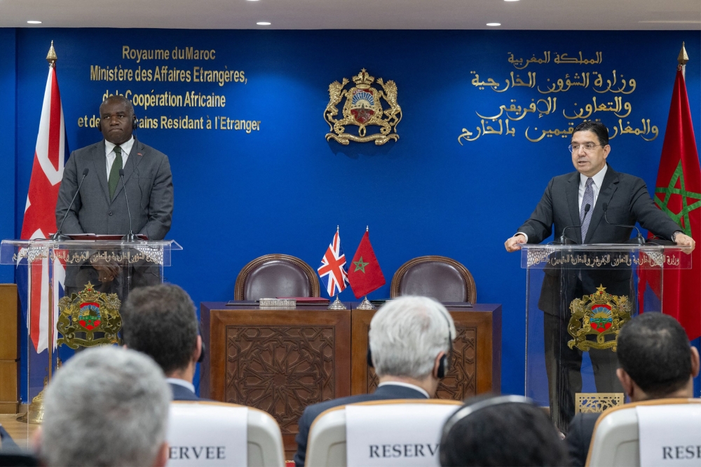 Britain's Foreign Secretary David Lammy (left) and his Moroccan counterpart Nasser Bourita at a press conference in Rabat on June 1, 2025. (Photo by Moroccan Press Agency / AFP)
