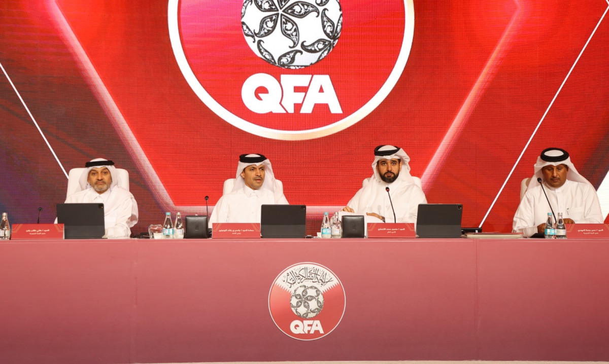 Qatar Football Association President Jassim bin Rashid Al-Buainain (second left) chairs the 2025 General Assembly meeting.