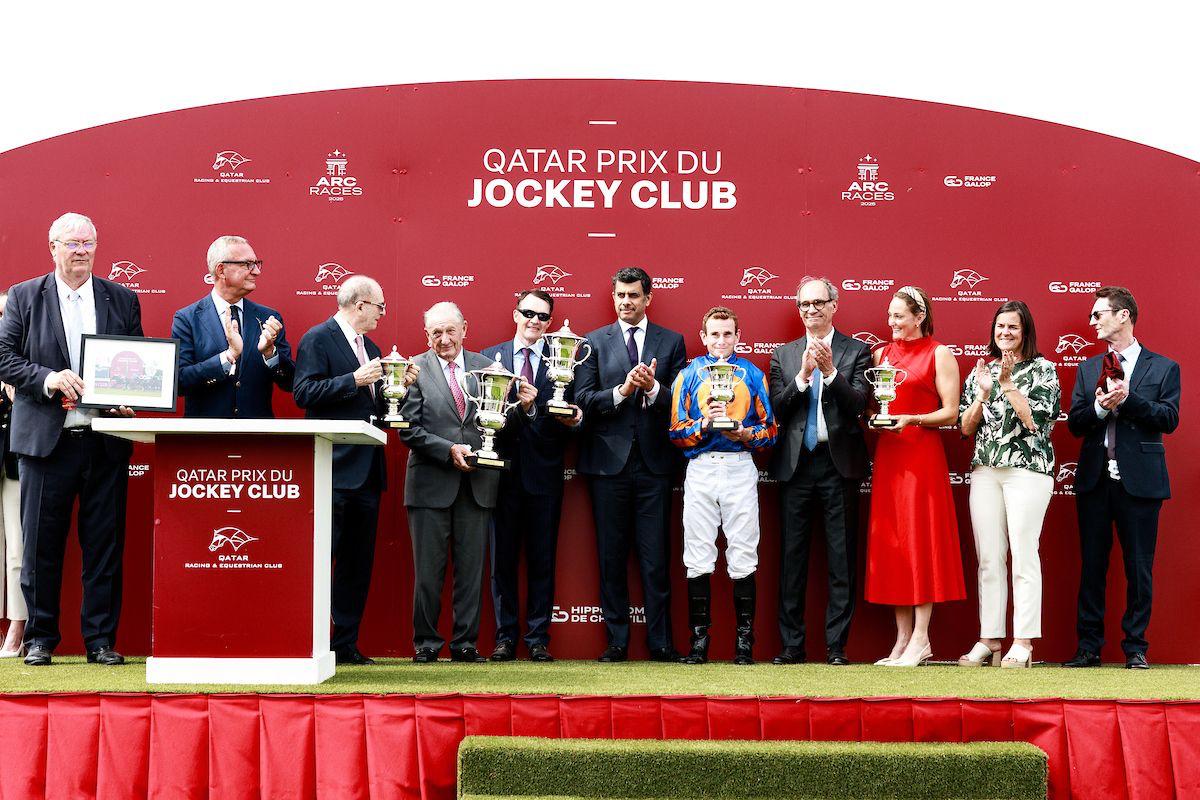 QREC Chairman Hamad bin Abdulrahman Al-Attiyah presented trophies to the winners of QREC-sponsored Qatar Prix du Jockey Club. RIGHT: Camille Pissarro under Ryan Moore (left) claims victory.