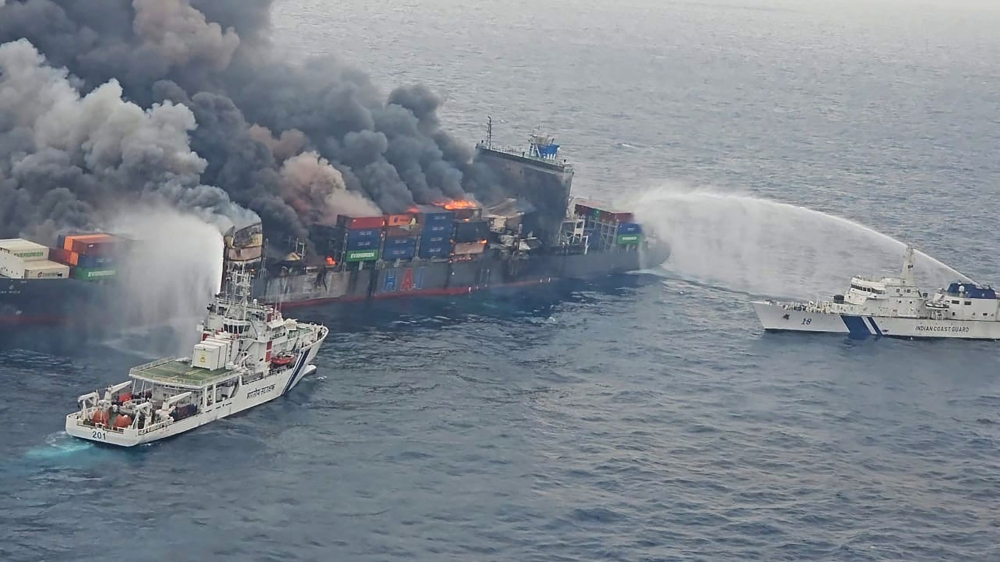 Singapore-flagged container vessel MV Wan Hai 503 on fire on June 10, 2025.  