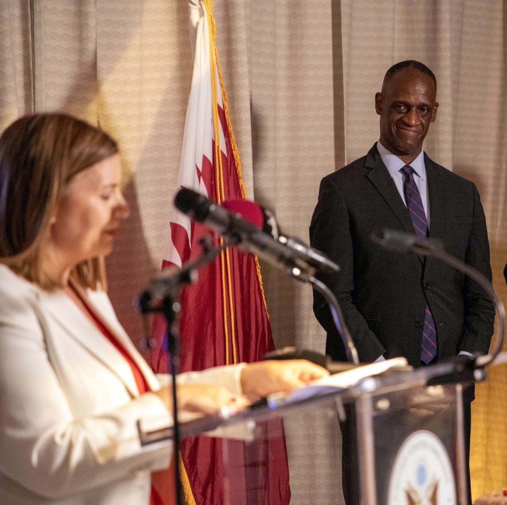 US Ambassador H E Timmy T. Davis looks on as Deputy Chief of Mission Stefanie Altman-Winans speaks at the reception. 