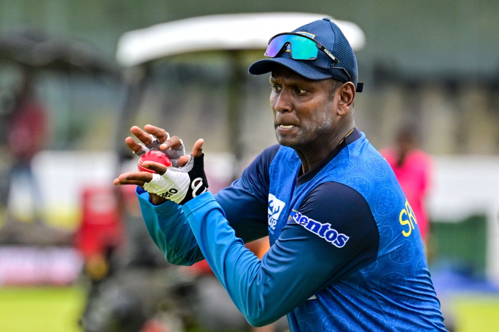 Sri Lanka's Angelo Mathews attends a practice session on the eve of their first Test cricket match against Bangladesh in Galle on June 16, 2025. (Photo by Ishara S. Kodikara / AFP)