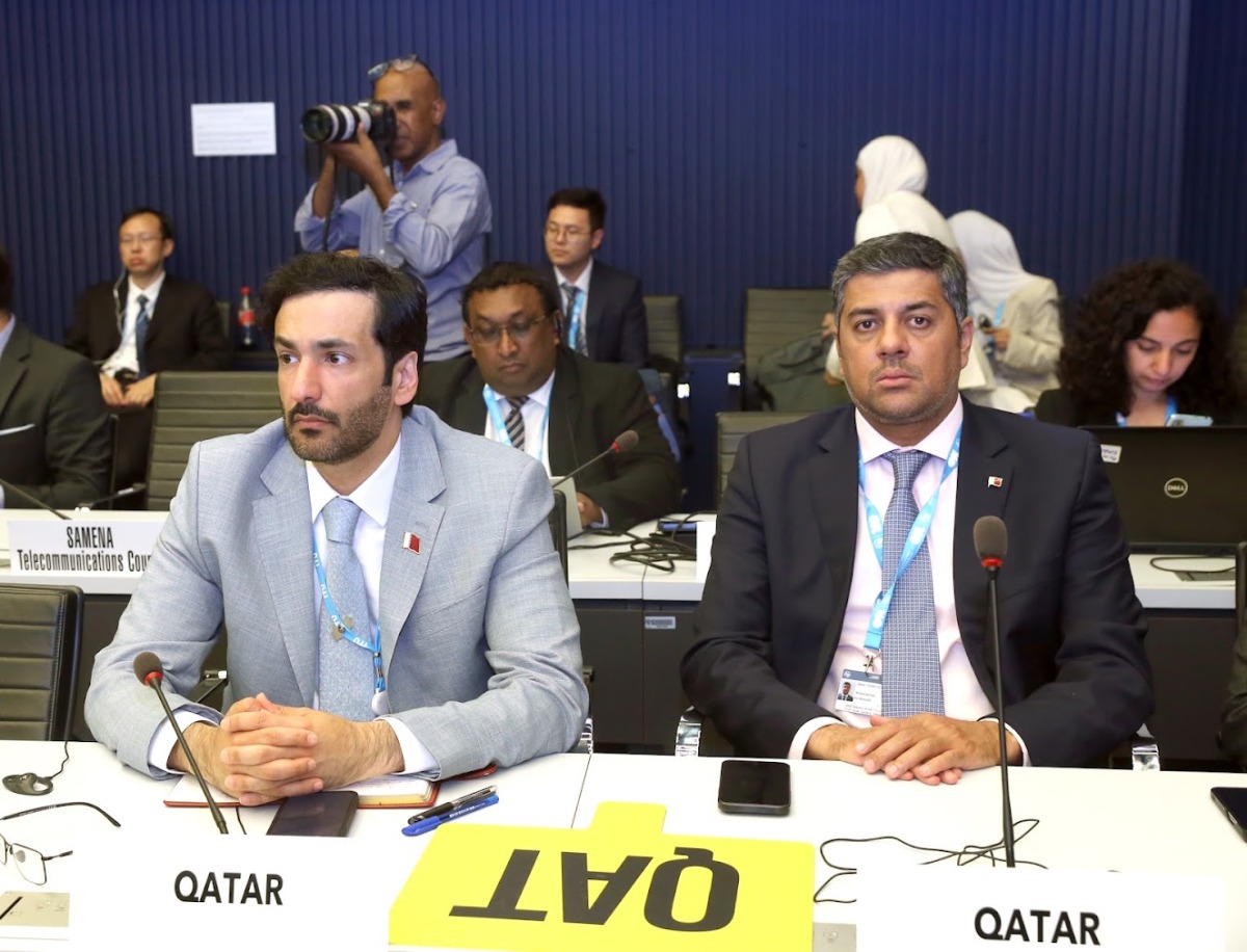 President of CRA and Chair-Designate of the ITU Plenipotentiary Conference 2026 (PP-26) Eng. Ahmad Abdulla AlMuslemani with another Qatari delegate at the event.
