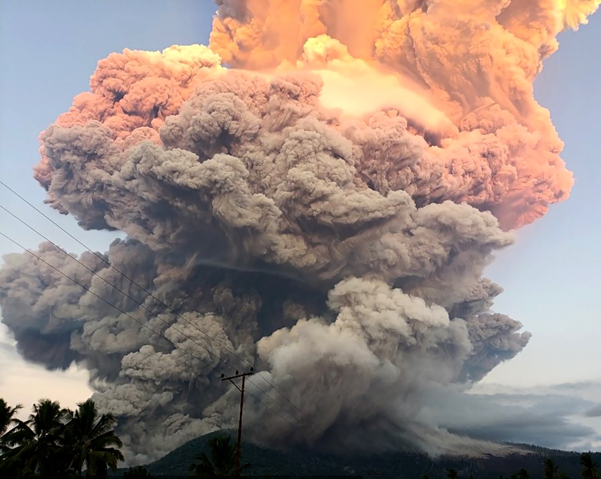 This photo provided by Indonesia's Center for Volcanology and Geological Hazard Mitigation (PVMBG) shows volcanic materials spewing from Mount Lewotobi Laki-Laki at East Flores regency in East Nusa Tenggara, Indonesia, on June 17, 2025. (PVMBG/Handout via Xinhua)