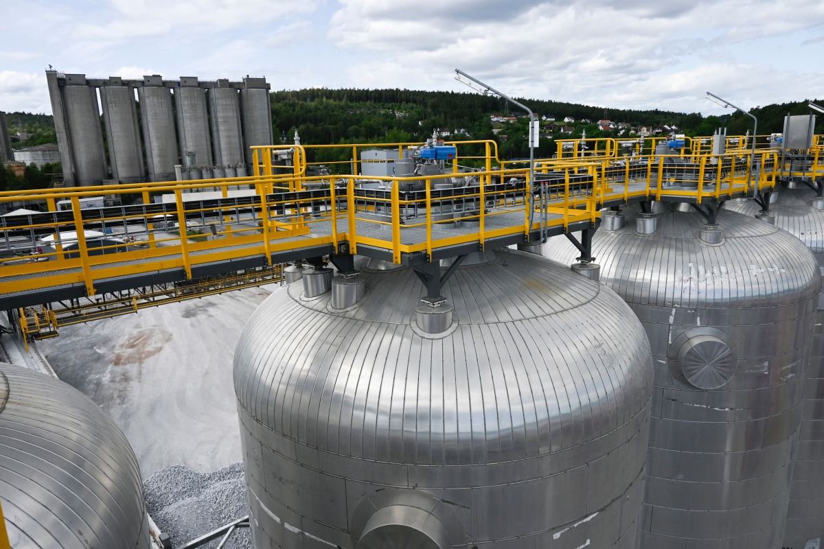 The Pretreatment facilities of a carbon capture plant of cement manufacturer Heidelberg Materials is pictured at Brevik on June 18, 2025. Photo by Jonathan KLEIN / AFP