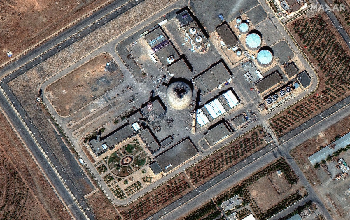 This handout satellite image released by Maxar Technologies on June 19, 2025 and taken on June 19, 2025, shows damage at the Iranian nuclear facility at Arak in central Iran, after an Israeli strike. Photo by Satellite image ©2025 Maxar Technologies / AFP.