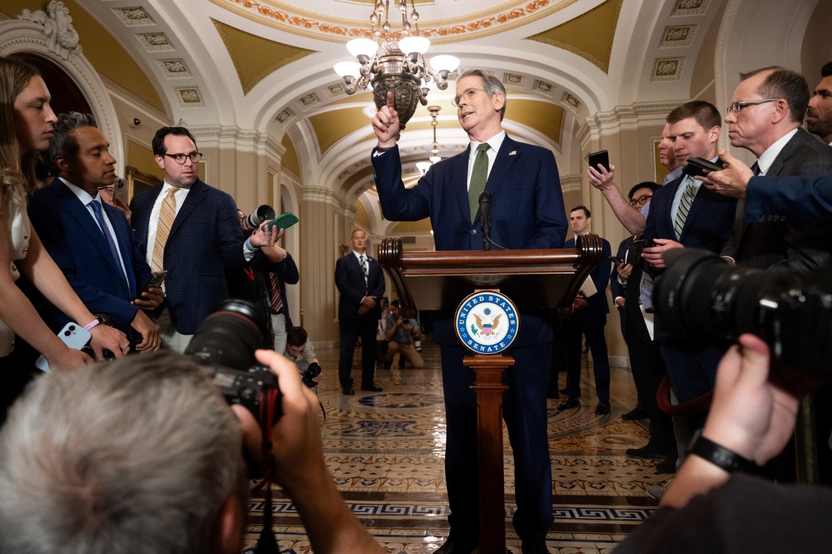 US Treasury Secretary Scott Bessent speaks to reporters after meeting with Senate Republicans at the US Capitol in Washington, DC, on June 24, 2025. (Photo by SAUL LOEB / AFP)
