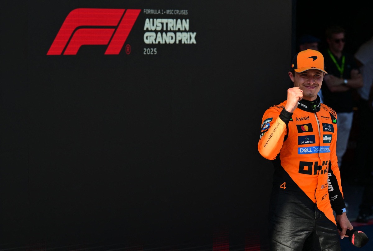 McLaren's British driver Lando Norris reacts after winning the Formula One Austrian Grand Prix at the Red Bull Ring race track in Spielberg, Austria, on June 29, 2025. (Photo by Andrej ISAKOVIC / AFP)