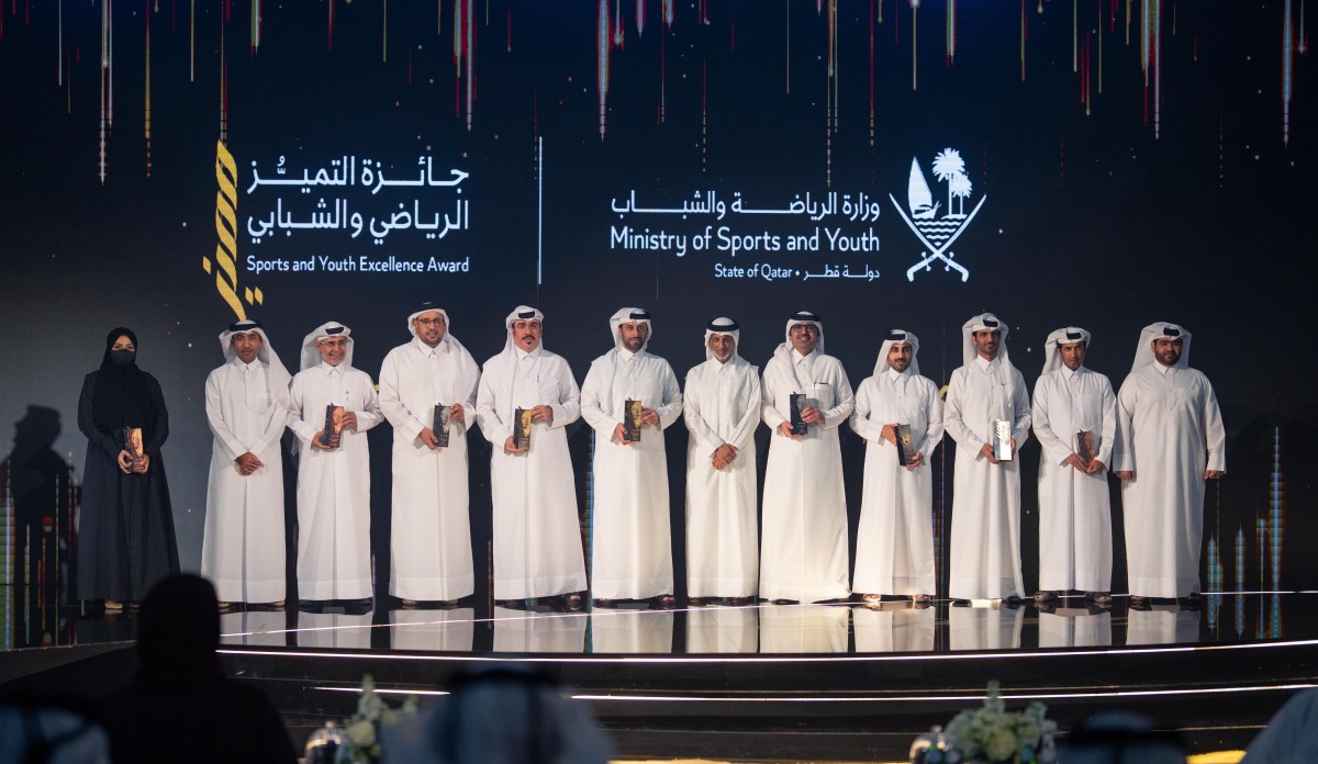 Minister of Sports and Youth HE Sheikh Hamad bin Khalifa bin Ahmed Al-Thani, Minister of Municipality HE Abdullah bin Hamad bin Abdullah Al-Attiya, and Minister of Education and Higher Education HE Lolwah bint Rashid bin Mohammed Al-Khater during a ceremony to honour the winners of the Sports and Youth Excellence Award for the 2024–2025 season yesterday, June 29, 2025.