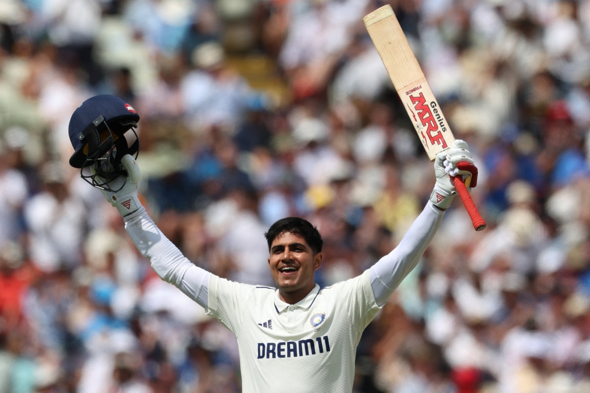 India's captain Shubman Gill reacts to reaching his double hundred on day two of the second cricket test match between England and India at Edgbaston cricket ground in Birmingham, central England on July 3, 2025. (Photo by Darren Staples / AFP)