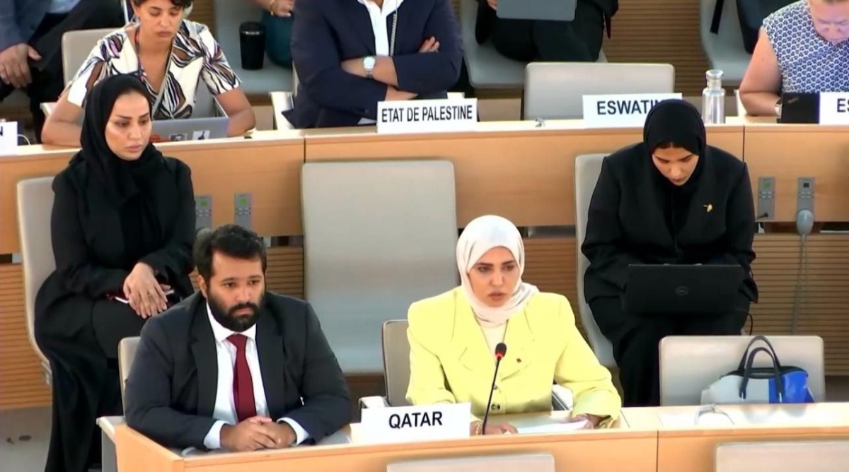 Permanent Representative of the State of Qatar in Geneva H E Dr. Hind Abdulrahman Al Muftah and other officials attending the session.