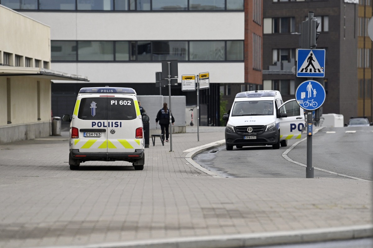 Police vehicles are seen outside the Ratina shopping centre in Tampere, Finland, on July 3, 2025. Photo by Saara Peltola / Lehtikuva / AFP