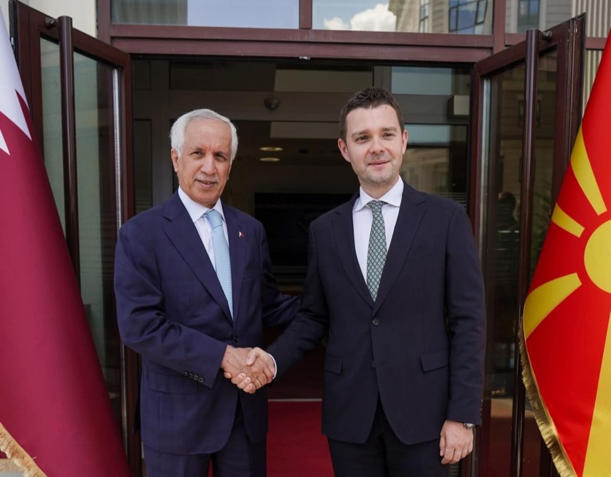 Minister of State for Foreign Affairs H E Sultan bin Saad Al-Muraikhi with Minister of Foreign Affairs and Foreign Trade of the Republic of North Macedonia H E Timco Mucunski during their meeting in Skopje, North Macedonia, yesterday.