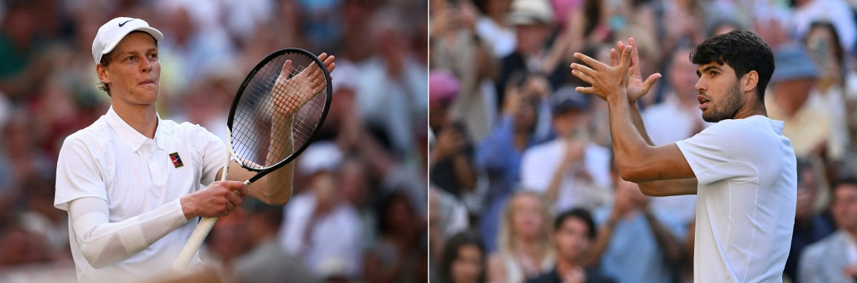 (COMBO) This combination of file pictures created on July 11, 2025 shows Italy's Jannik Sinner celebrating after victory over Serbia's Novak Djokovic (L) and Spain's Carlos Alcaraz celebrating after winning against Britain's Cameron Norrie (R), during 2025 Wimbledon Championships at The All England Lawn Tennis and Croquet Club in Wimbledon, southwest London. Spain's Carlos Alcaraz and Italy's Jannik Sinner will face each other in the men's singles final tennis match of the 2025 Wimbledon Championships, on July 13, 2025. (Photo by HENRY NICHOLLS and Glyn KIRK / AFP)