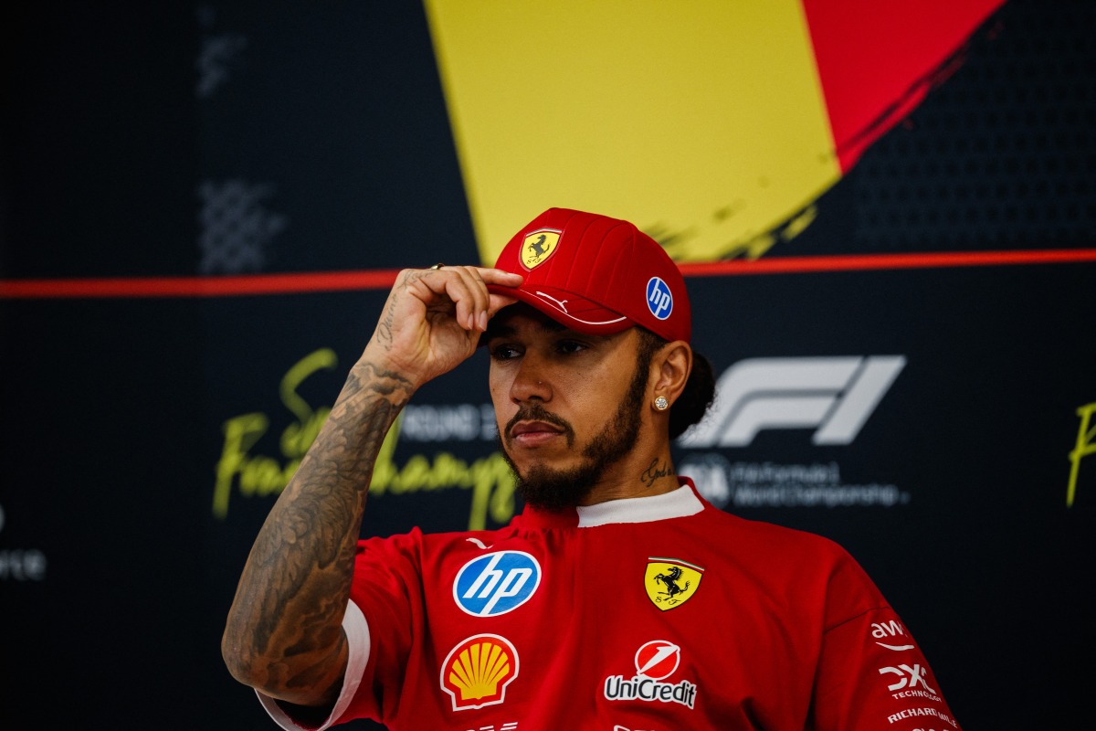 Ferrari's British driver Lewis Hamilton speaks during a press conference three days ahead of the Formula One Grand Prix of Belgium at the Spa-Francorchamps circuit in Francorchamps, on July 24, 2025. (Photo by Dimitar DILKOFF / AFP)
