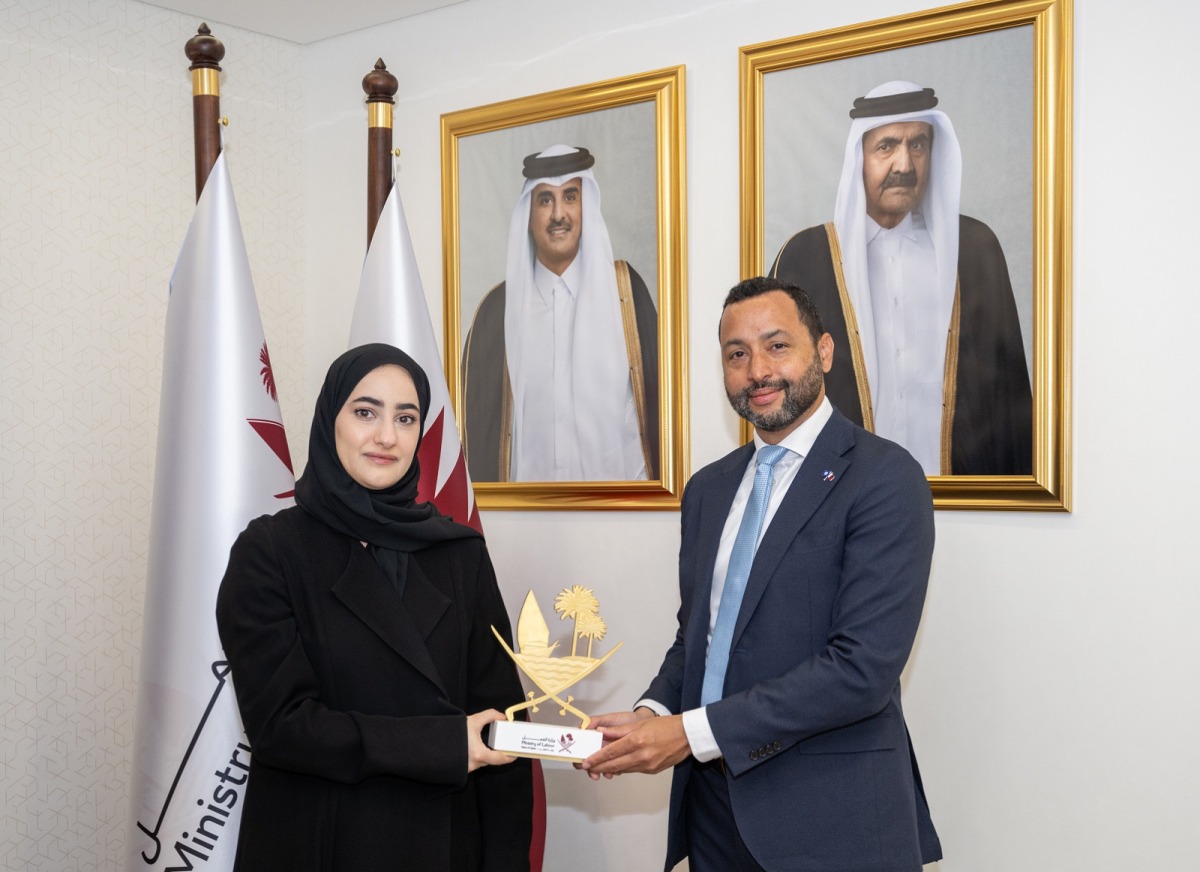  Undersecretary of the Ministry of Labour H E Sheikha Najwa bint Abdulrahman Al Thani with the Director of the International Labour Organization Office in Doha Max Tuñón during the event.
