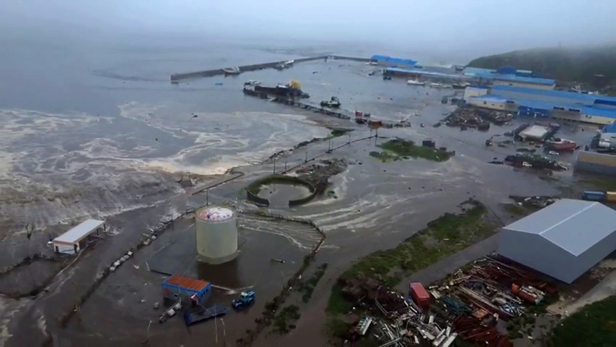This video grab from a drone handout footage released by Geophysical Service of the Russian Academy of Sciences on July 30, 2025, shows tsunami-hit Severo-Kurilsk on Paramushir island of Russia's northern Kuril islands. Photo by Handout / Geophysical Service of the Russian Academy of Sciences / AFP. 