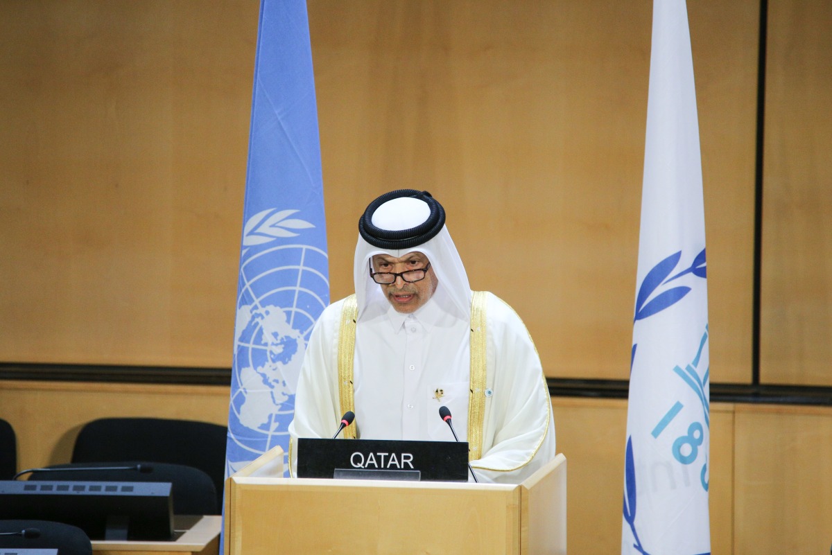 Speaker of the Shura Council H E Hassan bin Abdullah Al Ghanim addressing the Sixth World Conference of Speakers of Parliament held in Geneva yesterday.