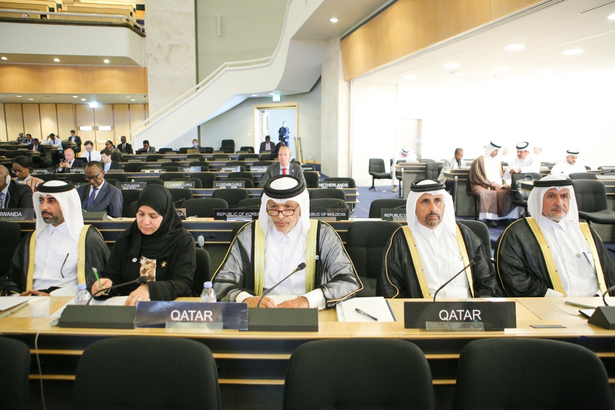 Speaker of the Shura Council H E Hassan bin Abdullah Al Ghanim with members of Qatari delegation at the conference held in Geneva, Switzerland.
