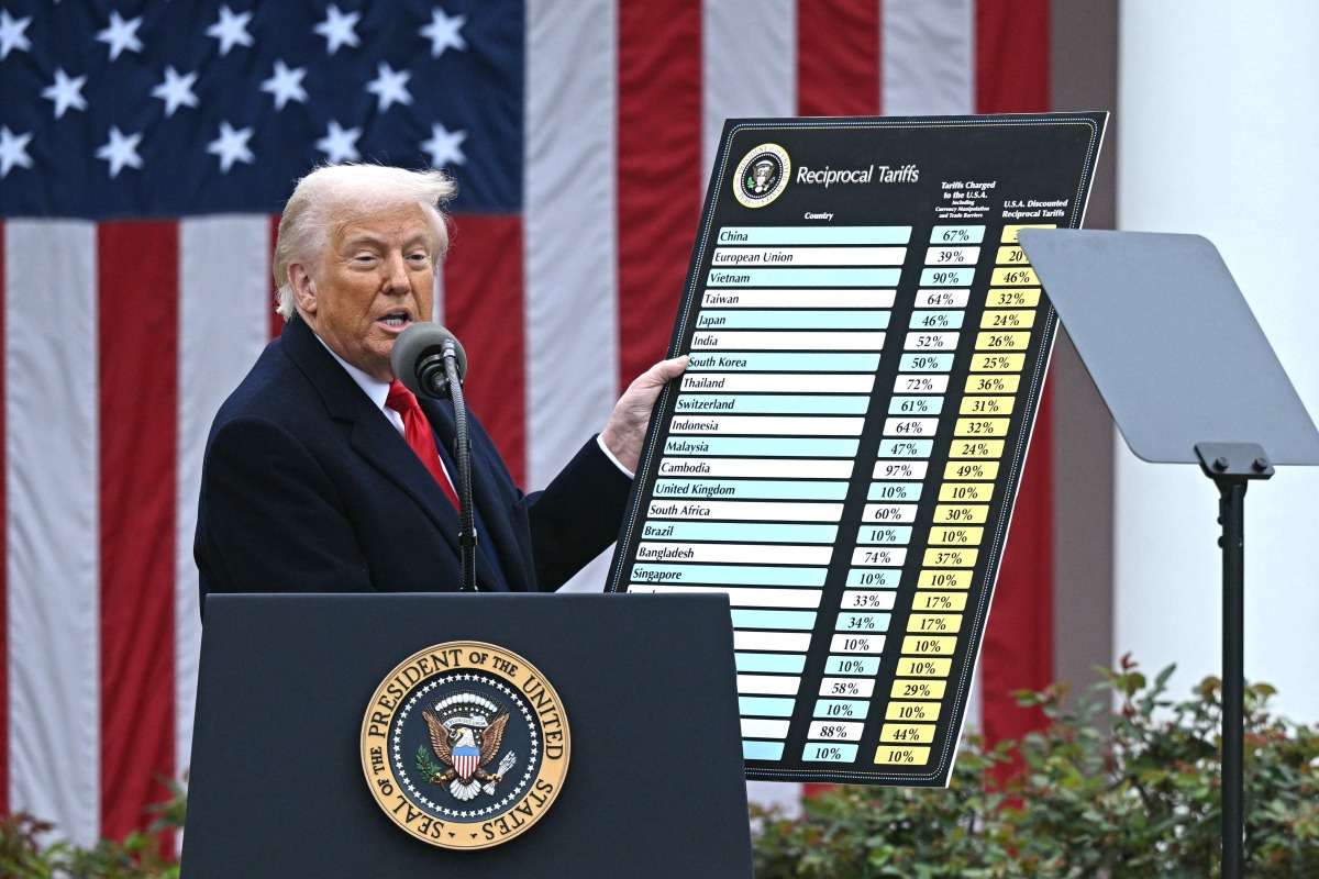 US President Donald Trump holds a chart as he delivers remarks on reciprocal tariffs during an event in the Rose Garden entitled 