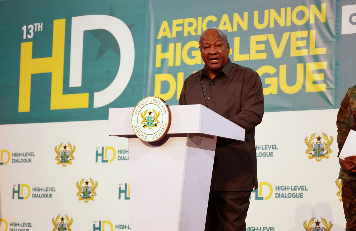 Ghanaian President John Dramani Mahama delivers a speech at the opening of the 13th African Union High-Level Dialogue on Democracy, Governance and Human Rights in Accra, Ghana, on July 29, 2025. (Xinhua/Seth)
