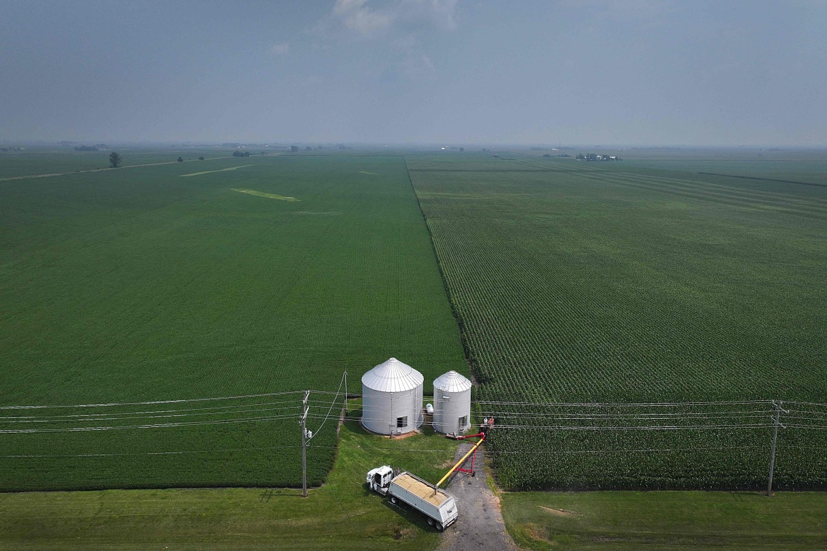 An aerial view shows a farmer loading soybeans from grain bins into a truck so they can be sold on August 01, 2025 in Dwight, Illinois. (Photo by SCOTT OLSON / GETTY IMAGES NORTH AMERICA / Getty Images via AFP)