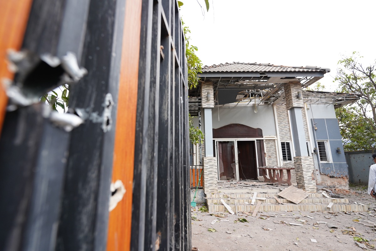 This photo taken on July 28, 2025 shows a damaged house hit by artillery shelling in Oddar Meanchey province, Cambodia. (Photo by Nitola/Xinhua)
