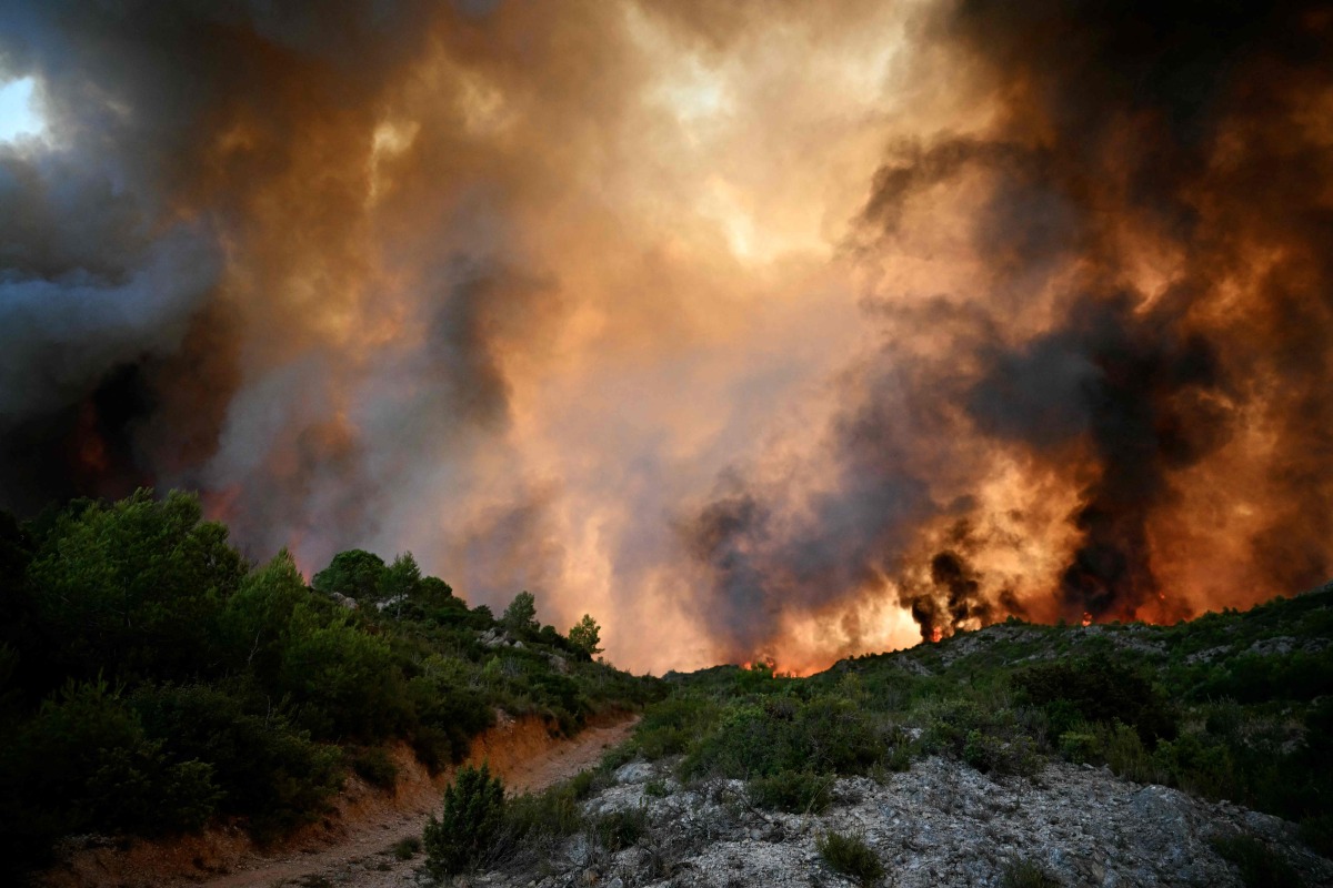 A forest is engulfed in flames as a wildfire rages near Fontjoncouse, southwestern France, on August 6, 2025. Photo by Lionel BONAVENTURE / AFP