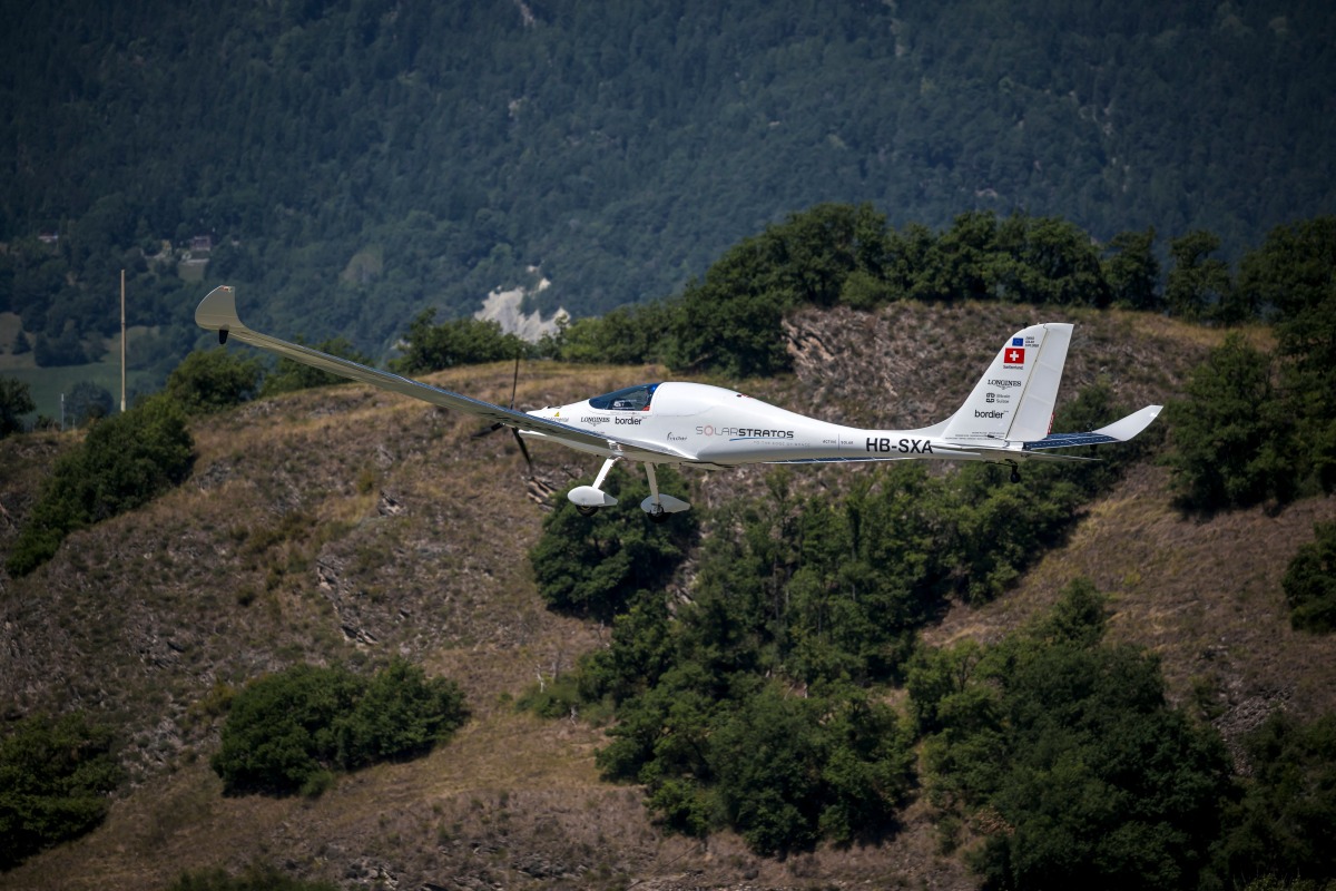 Solar-powered plane SolarStratos piloted by Swiss pilot Raphael Domjan is seen taking off at the Sion airport, on August 8, 2025, during his first attempt of the season at setting a new aviation record by reaching an altitude of 10,000 metres. Photo by Fabrice COFFRINI / AFP