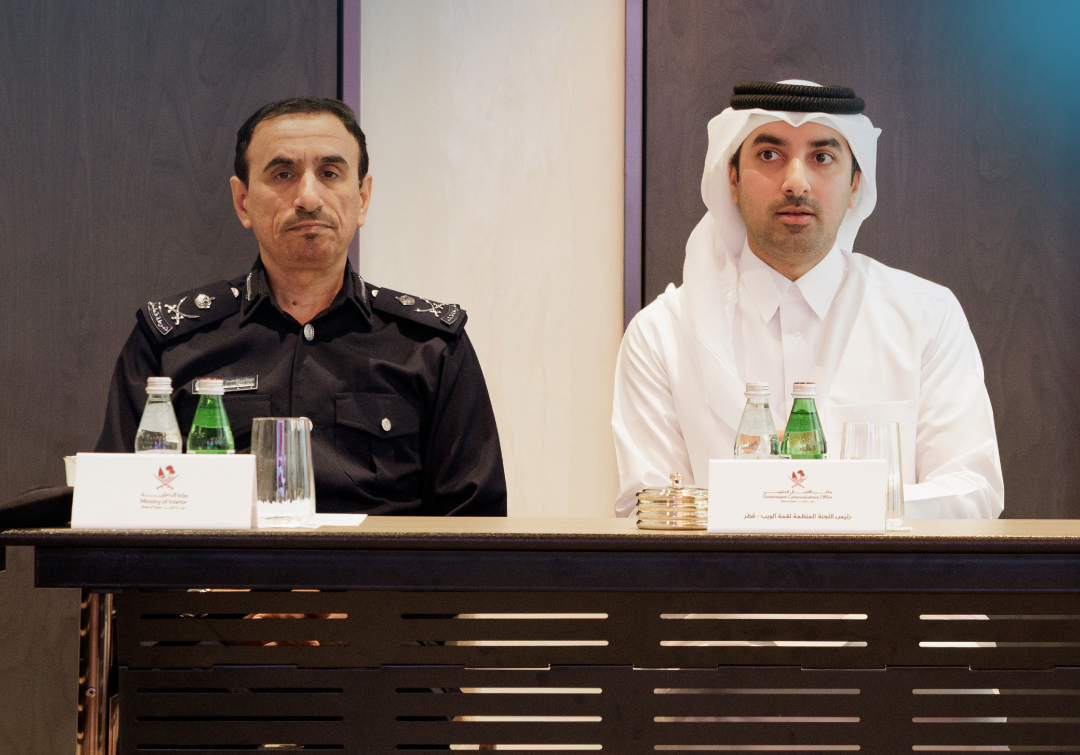 Director of GCO and Chairman of the Permanent Web Summit Organising Committee Sheikh Jassim bin Mansour bin Jabor Al Thani and a Ministry of Interior official during the meeting.
