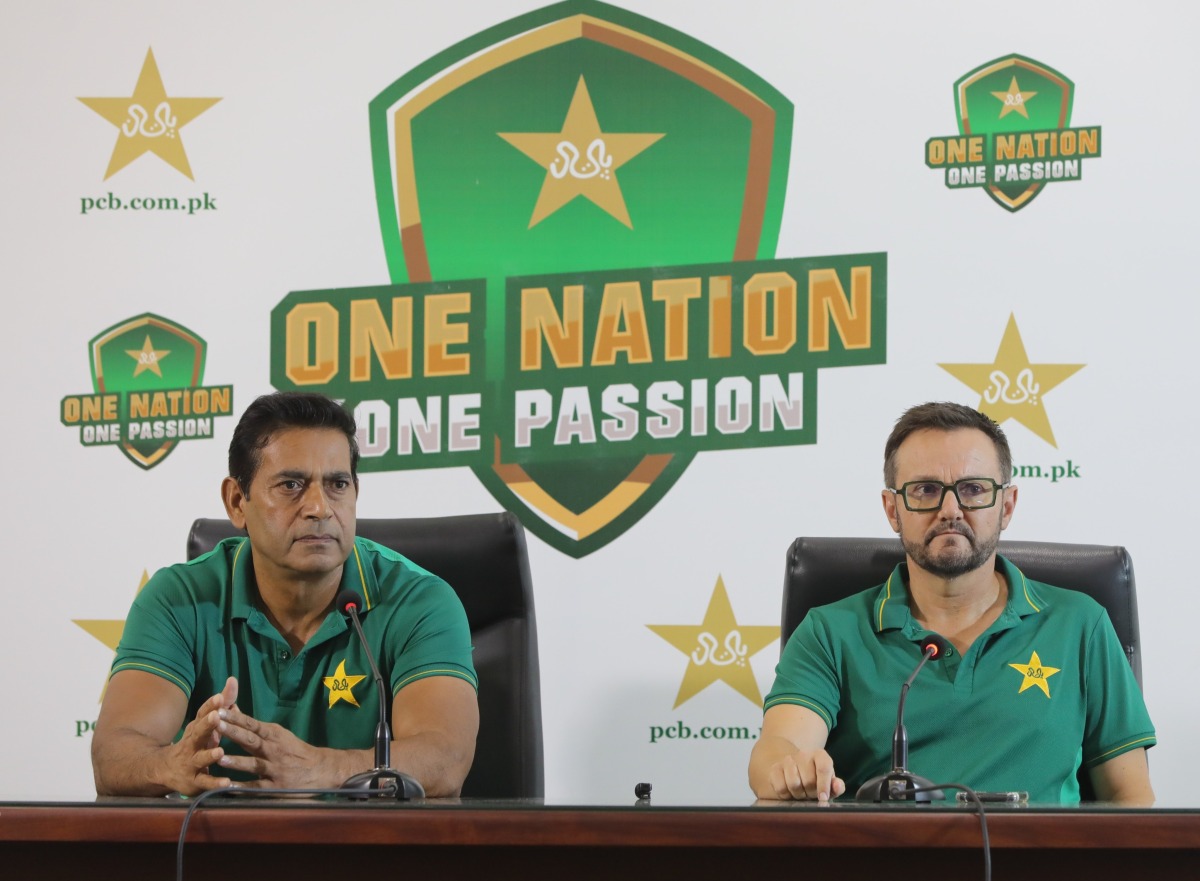 Selector/Director High Performance Aqib Javed and head coach Pakistan men's team Mike Hesson in a press conference. Picture: Pakistan Cricket 