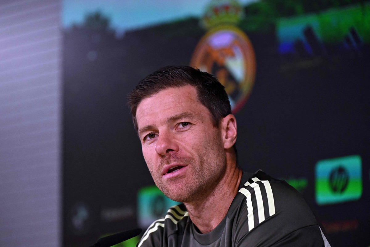 Real Madrid's Spanish coach Xabi Alonso gives a press conference at the club's training ground in Valdebebas ahead of their Liga football match against Osasuna, in Madrid on August 18, 2025. (Photo by JAVIER SORIANO / AFP)
