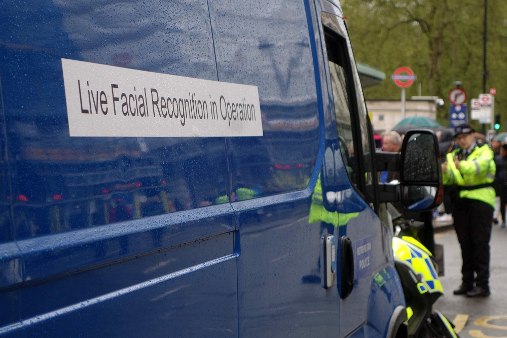 (Files) A van being used by the metropolitan police as part of their Facial Recognition operation is pictured in central London, on May 6, 2023. (Photo by Will Edwards/ AFP)