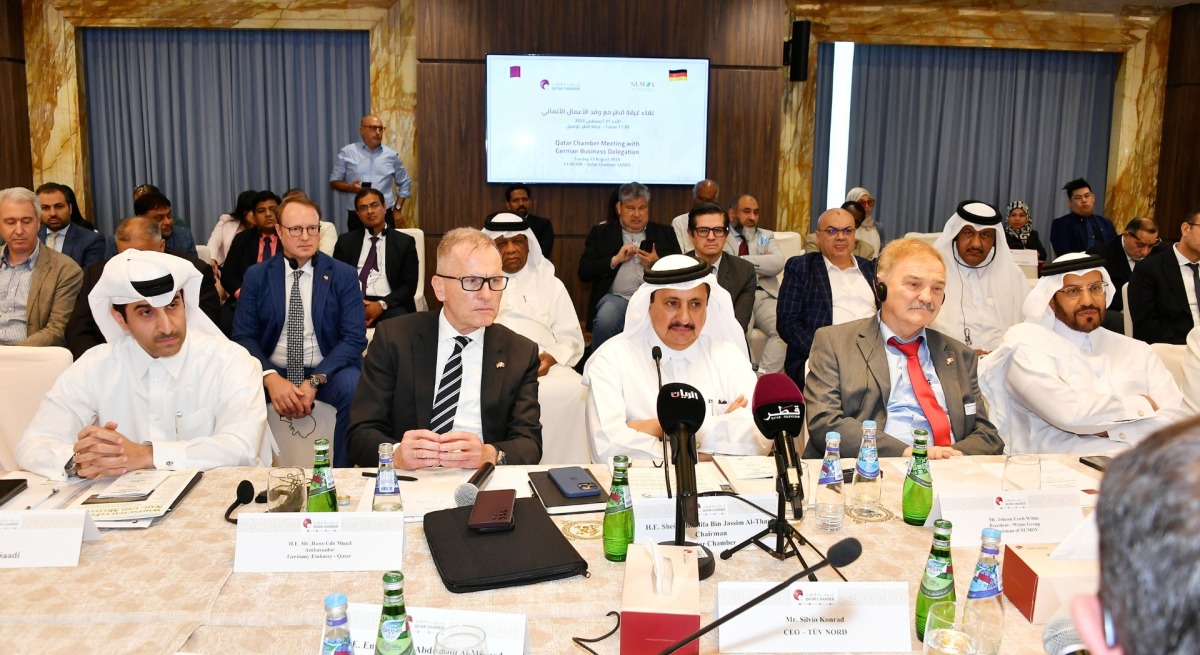 Ambassador H E Hans-Udo Muzel (second left); and QC Chairman Sheikh Khalifa bin Jassim Al Thani (centre) with other officials during the meeting, yesterday.