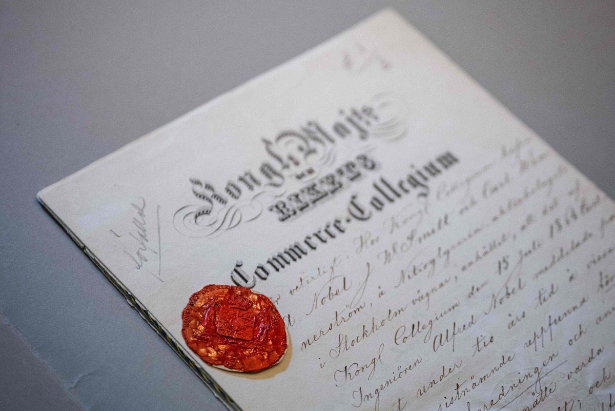Alfred Nobel's patents are seen in Stockholm on September 2, 2025. Photo by Jonathan NACKSTRAND / AFP