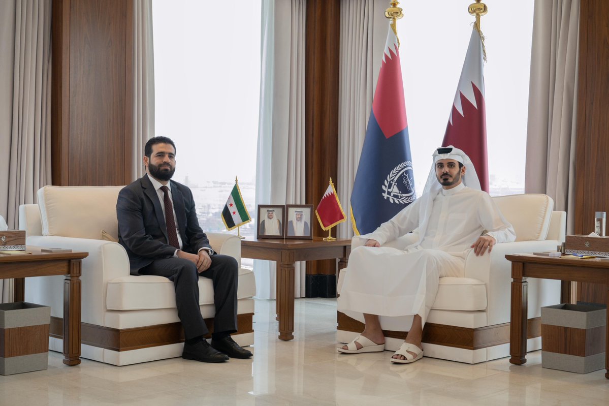 Minister of Interior and Commander of the Internal Security Force (Lekhwiya) H E Sheikh Khalifa bin Hamad bin Khalifa Al-Thani meeting Syria's Minister of Interior H E Anas Khattab yesterday.
