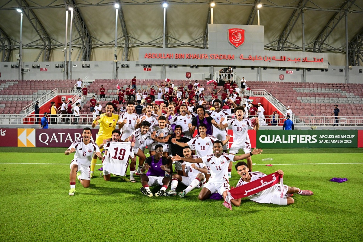 Qatar U-23 players celebrate after defeating India yesterday.